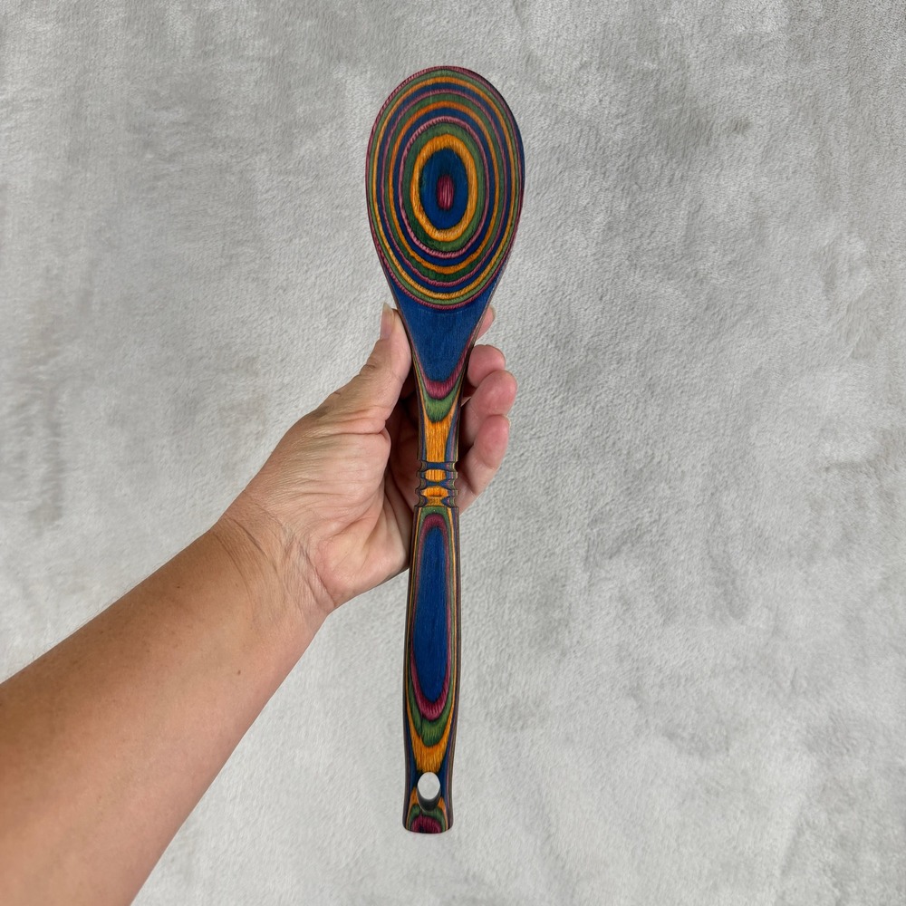 Rainbow Pakkawood Mixing Spoon 12 Inch Handcrafted Multicolor Wooden Utensil